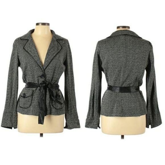 Gerard Darel Wool Faux Leather Trim Belted Button Single Breasted Blazer Sz 42 - Picture 1 of 12